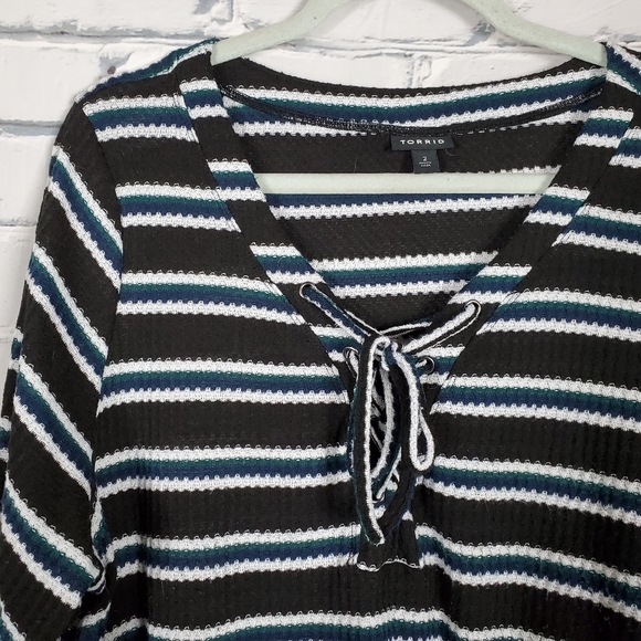 Torrid Black Stripe Lace-up Henley Top - Picture 4 of 8